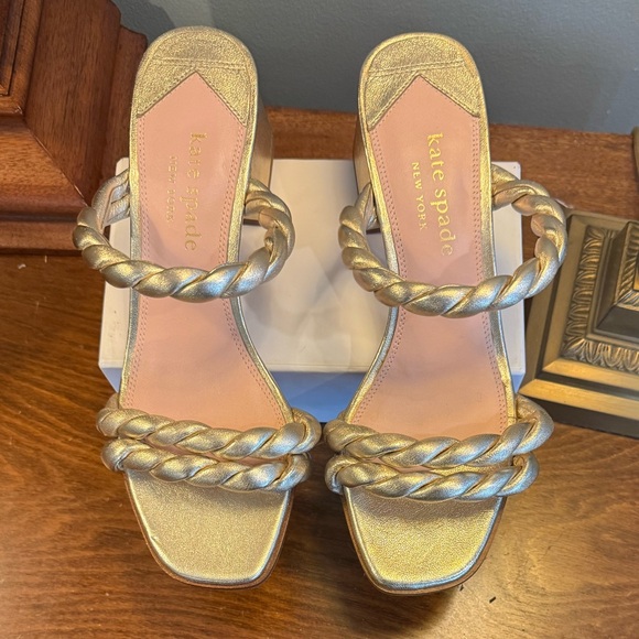 Kate Spade Nina Metallic Gold Leather Braided Block Heel Sandals Size 8 - Picture 3 of 11